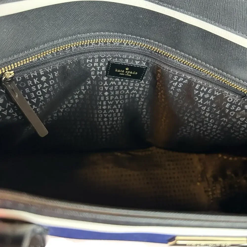 Kate Spade Tote Bag Black, Blue, & Pink Cruise Stripe Vinyl Zip Top Closure
